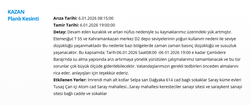 Ankara'nın 10 ilçesinde gece saatlerine kadar su kesintisi yaşanacak: Birçok ilçede 14 saat sürecek (6 Ocak 2025 ASKİ su kesintisi) 4