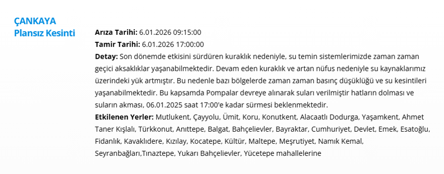 Ankara'nın 10 ilçesinde gece saatlerine kadar su kesintisi yaşanacak: Birçok ilçede 14 saat sürecek (6 Ocak 2025 ASKİ su kesintisi) 6