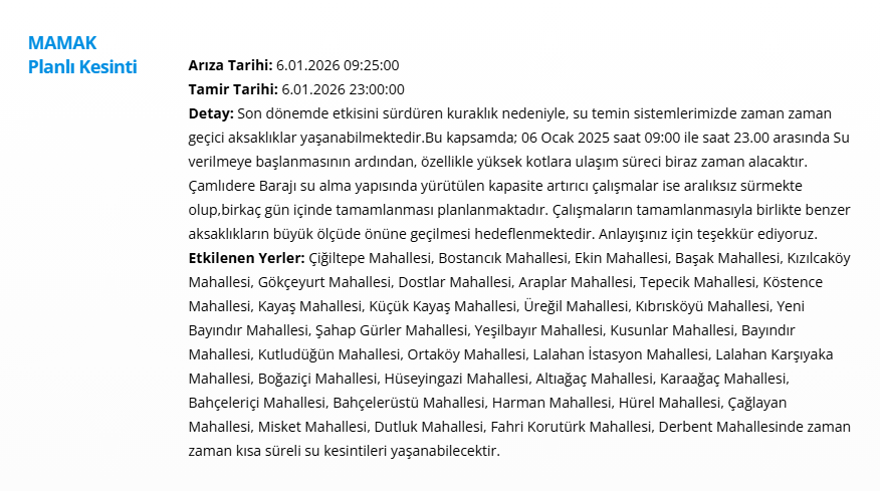 Ankara'nın 10 ilçesinde gece saatlerine kadar su kesintisi yaşanacak: Birçok ilçede 14 saat sürecek (6 Ocak 2025 ASKİ su kesintisi) 1