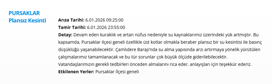 Ankara'nın 10 ilçesinde gece saatlerine kadar su kesintisi yaşanacak: Birçok ilçede 14 saat sürecek (6 Ocak 2025 ASKİ su kesintisi) 7