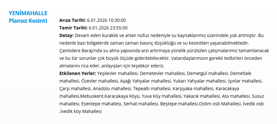 Ankara'nın 10 ilçesinde gece saatlerine kadar su kesintisi yaşanacak: Birçok ilçede 14 saat sürecek (6 Ocak 2025 ASKİ su kesintisi) 3