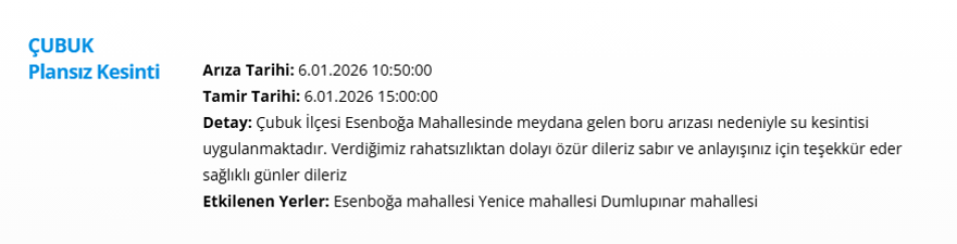 Ankara'nın 10 ilçesinde gece saatlerine kadar su kesintisi yaşanacak: Birçok ilçede 14 saat sürecek (6 Ocak 2025 ASKİ su kesintisi) 10