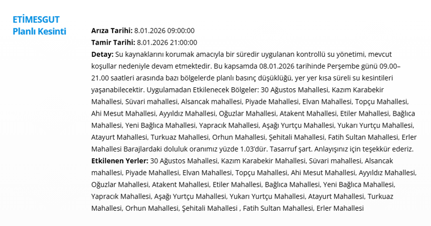 Ankara'nın 12 ilçesinde uzun süreli kesintisi yaşanacak: 15 saat sürecek (8 Ocak 2026 ASKİ su kesintisi programı) 1