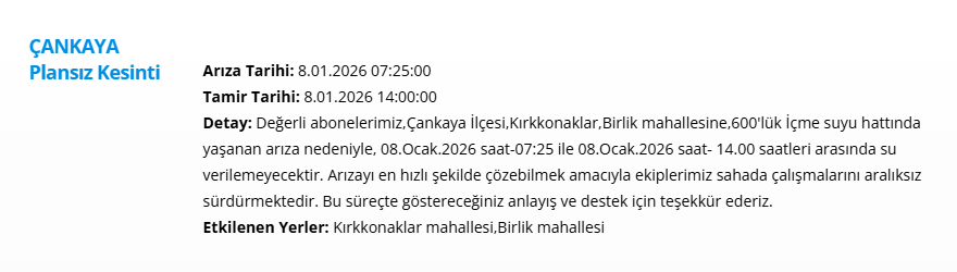 Ankara'nın 12 ilçesinde uzun süreli kesintisi yaşanacak: 15 saat sürecek (8 Ocak 2026 ASKİ su kesintisi programı) 12