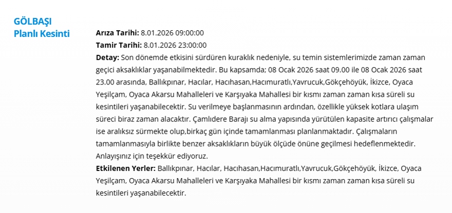 Ankara'nın 12 ilçesinde uzun süreli kesintisi yaşanacak: 15 saat sürecek (8 Ocak 2026 ASKİ su kesintisi programı) 2