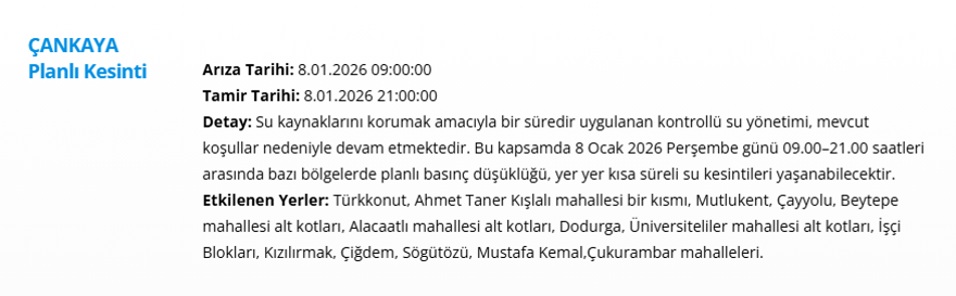 Ankara'nın 12 ilçesinde uzun süreli kesintisi yaşanacak: 15 saat sürecek (8 Ocak 2026 ASKİ su kesintisi programı) 8