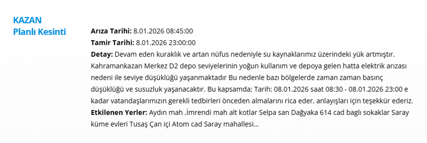 Ankara'nın 12 ilçesinde uzun süreli kesintisi yaşanacak: 15 saat sürecek (8 Ocak 2026 ASKİ su kesintisi programı) 6