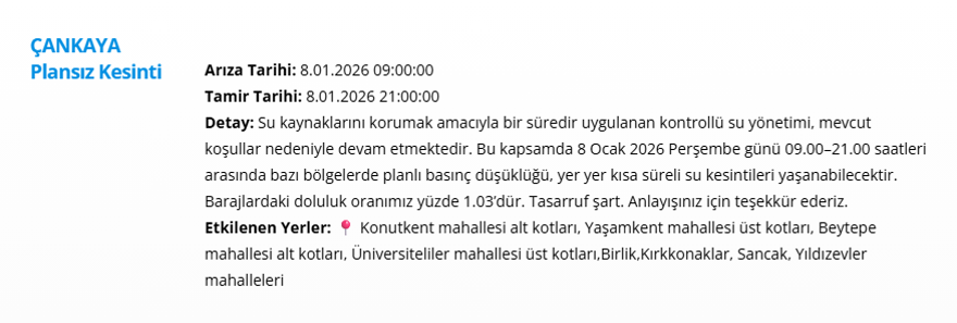 Ankara'nın 12 ilçesinde uzun süreli kesintisi yaşanacak: 15 saat sürecek (8 Ocak 2026 ASKİ su kesintisi programı) 7