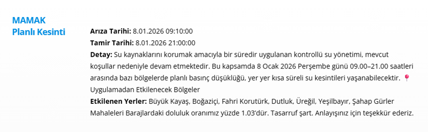 Ankara'nın 12 ilçesinde uzun süreli kesintisi yaşanacak: 15 saat sürecek (8 Ocak 2026 ASKİ su kesintisi programı) 9