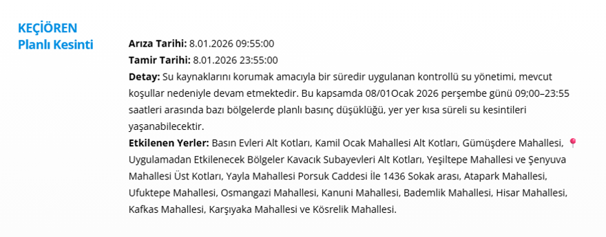 Ankara'nın 12 ilçesinde uzun süreli kesintisi yaşanacak: 15 saat sürecek (8 Ocak 2026 ASKİ su kesintisi programı) 3