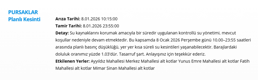 Ankara'nın 12 ilçesinde uzun süreli kesintisi yaşanacak: 15 saat sürecek (8 Ocak 2026 ASKİ su kesintisi programı) 10