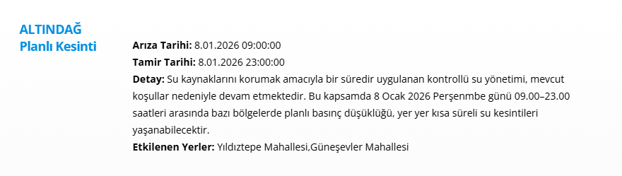 Ankara'nın 12 ilçesinde uzun süreli kesintisi yaşanacak: 15 saat sürecek (8 Ocak 2026 ASKİ su kesintisi programı) 13