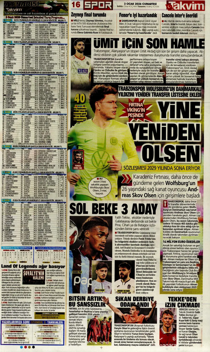 "Aslan'dan Salah teklifi" (3 Ocak 2026 spor manşetleri) 2