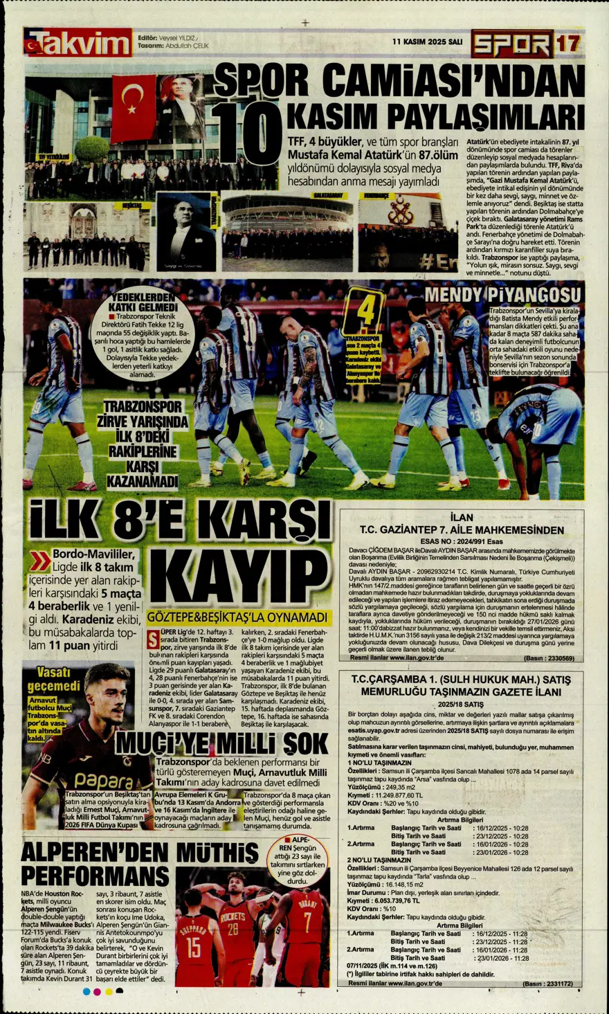 "Osimhen'e niyet, Singo'ya kısmet" (11 Kasım 2025 spor manşetleri) 8