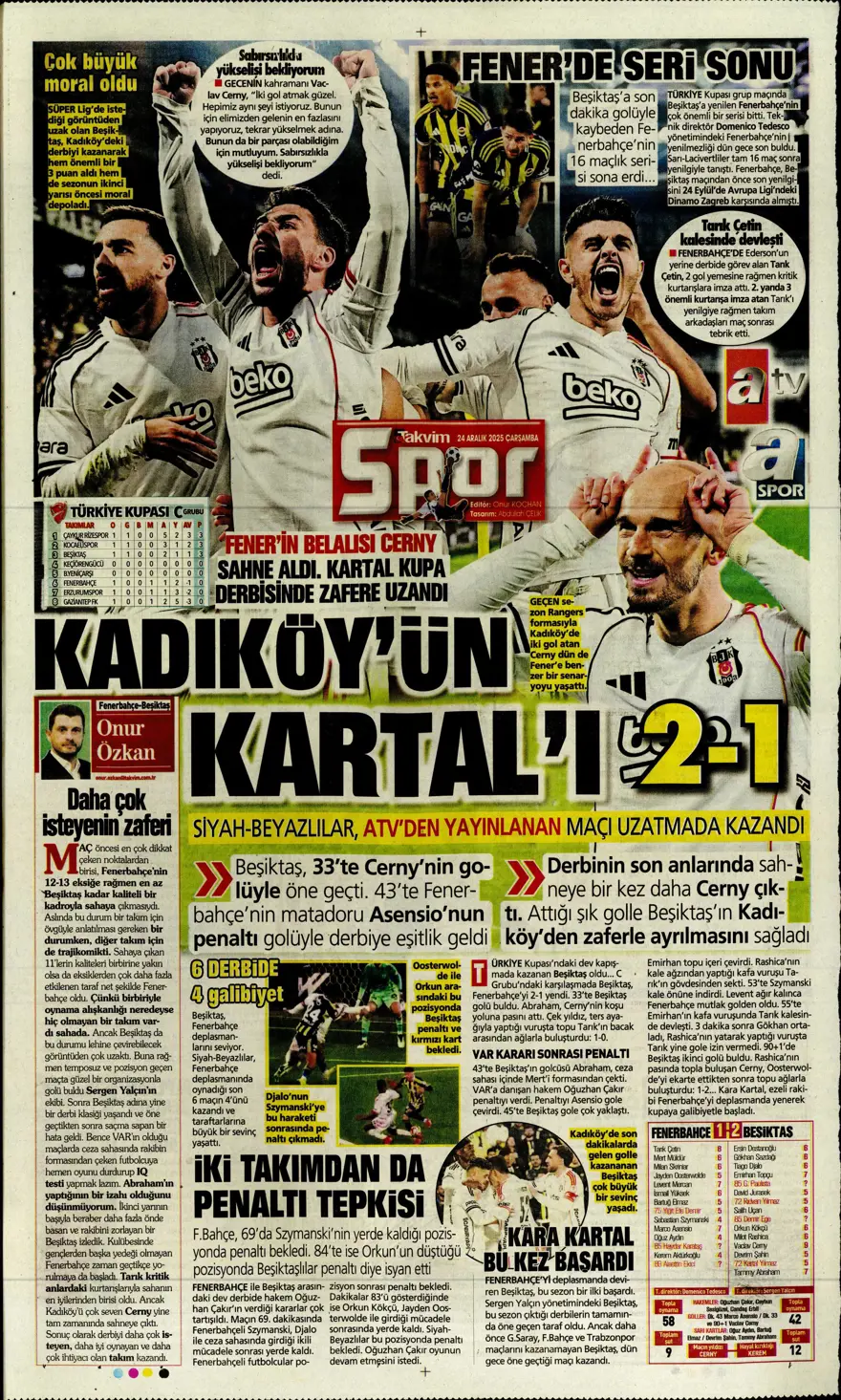 "Kadıköy'de Cerny pençesi" (24 Aralık spor manşetleri) 28 "Kadıköy'de Cerny pençesi" (24 Aralık spor manşetleri) 28