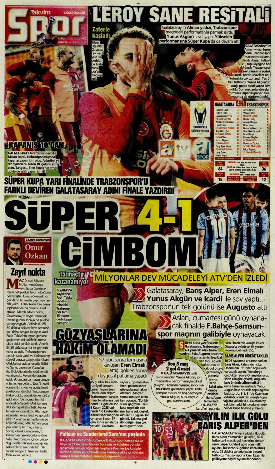 Galatasaray'dan finale pençe (6 Ocak 2026 spor manşetleri) 1