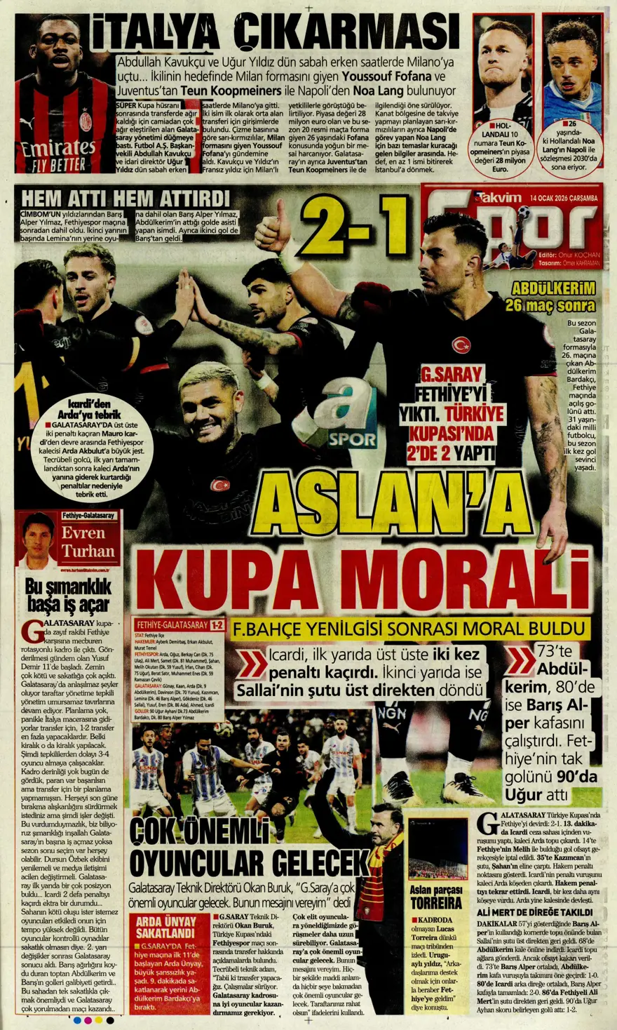 "Fenerbahçe'de Kante haftası" (14 Ocak 2026 spor manşetleri) 9