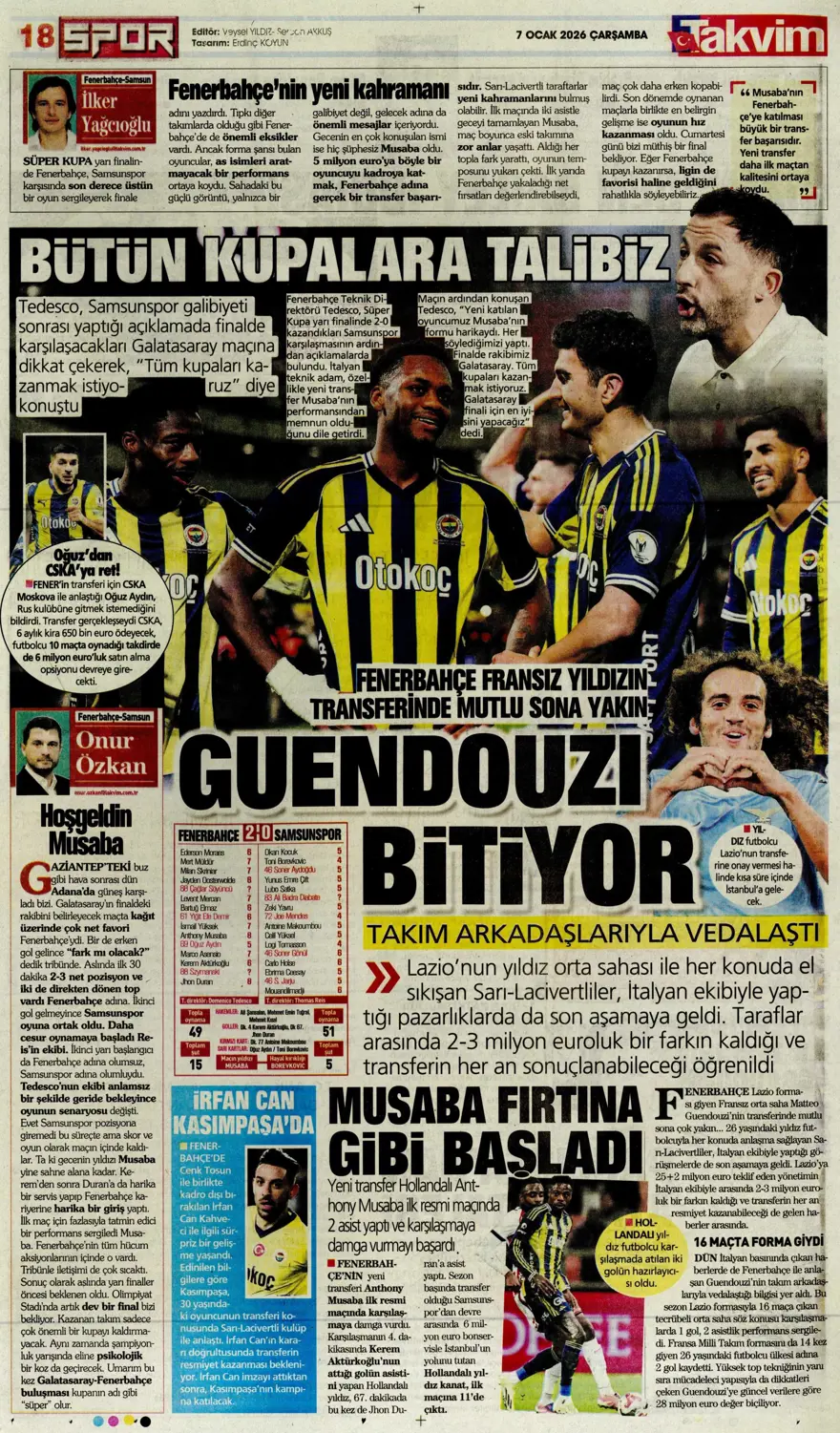 Fenerbahçe'den süper gala (7 Ocak 2026 spor manşetleri) 19 Fenerbahçe'den süper gala (7 Ocak 2026 spor manşetleri) 19