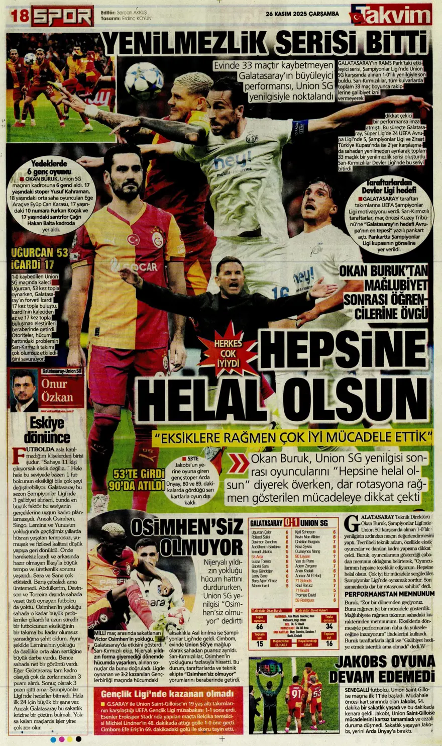 "Aslan fırsat tepti" (26 Kasım 2025 spor manşetleri) 24