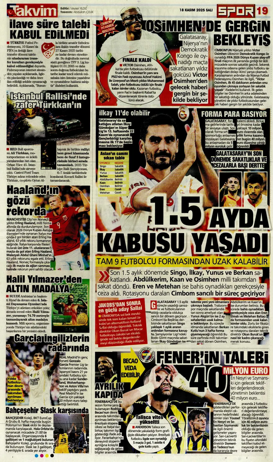 "Fenerbahçe'de Ocak operasyonu" (18 Kasım 2025 spor manşetleri) 8