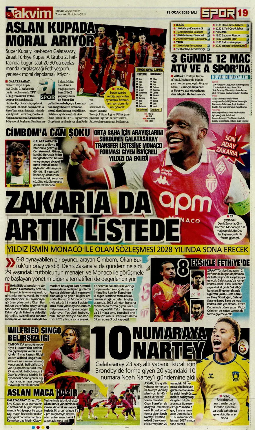 "Aslan'a Ruiz'de dev rakip" (13 Ocak 2026 spor manşetleri) 14