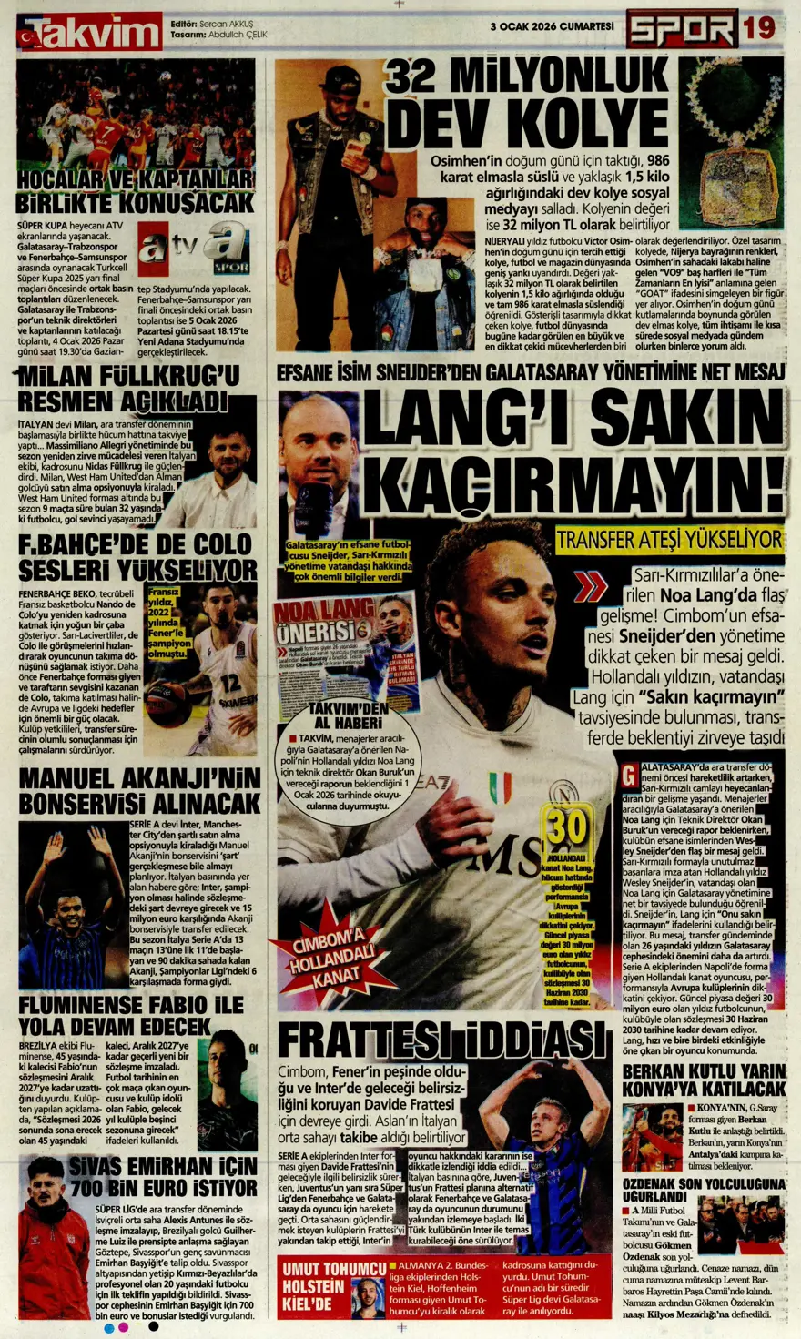 "Aslan'dan Salah teklifi" (3 Ocak 2026 spor manşetleri) 7