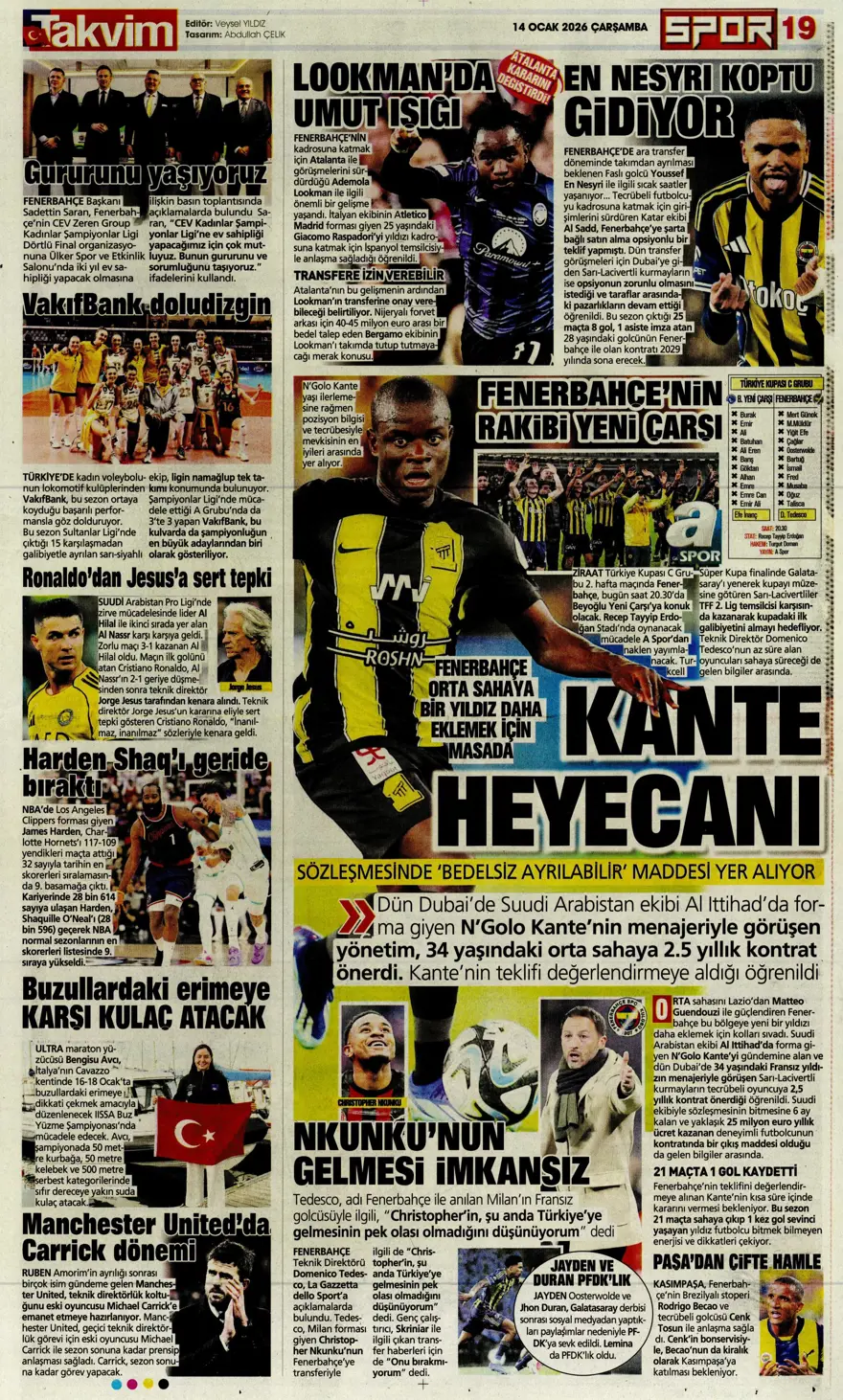 "Fenerbahçe'de Kante haftası" (14 Ocak 2026 spor manşetleri) 4