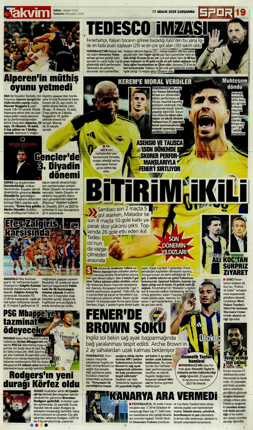 "Lemina'nın veliahtı Dennis" (17 Aralık 2025 spor manşetleri) 24