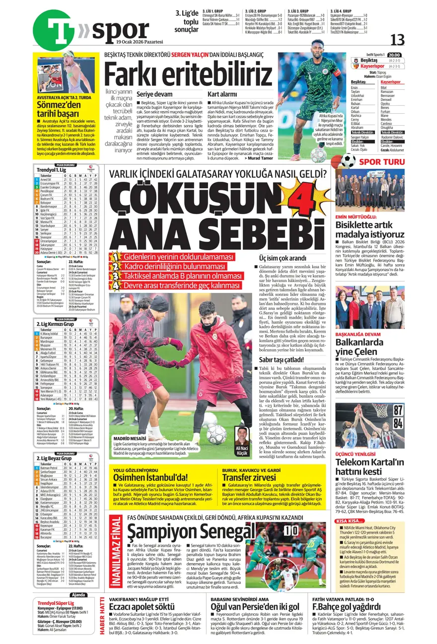 "Zirveye yürüyor" (19 Ocak 2026 spor manşetleri) 11