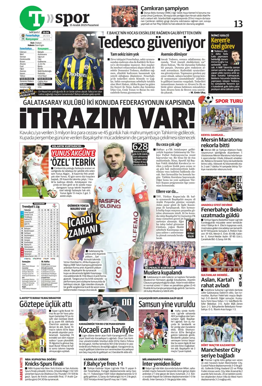 "Her şey var, kazanan yok" (15 Aralık 2025 spor manşetleri) 16 "Her şey var, kazanan yok" (15 Aralık 2025 spor manşetleri) 16