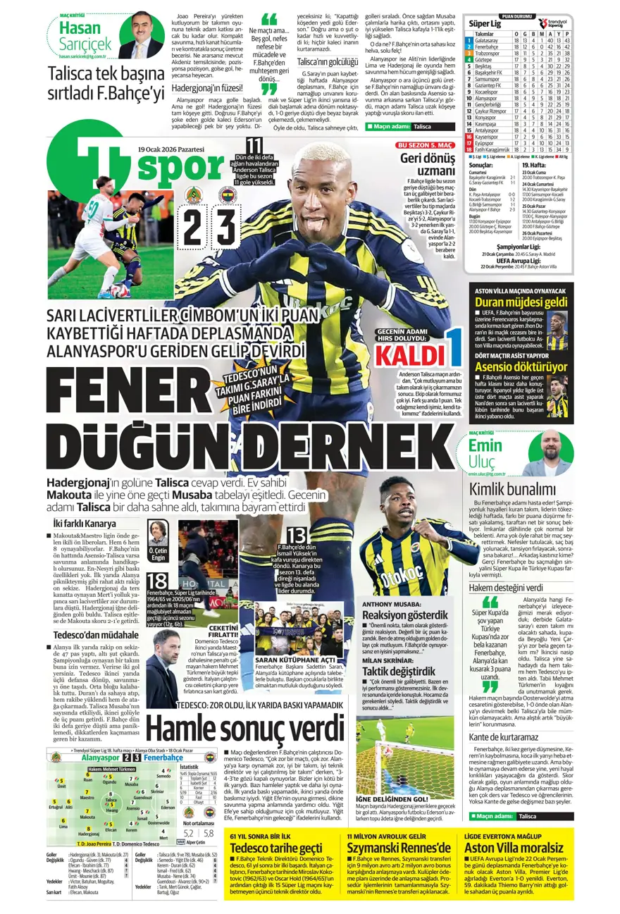 "Zirveye yürüyor" (19 Ocak 2026 spor manşetleri) 12