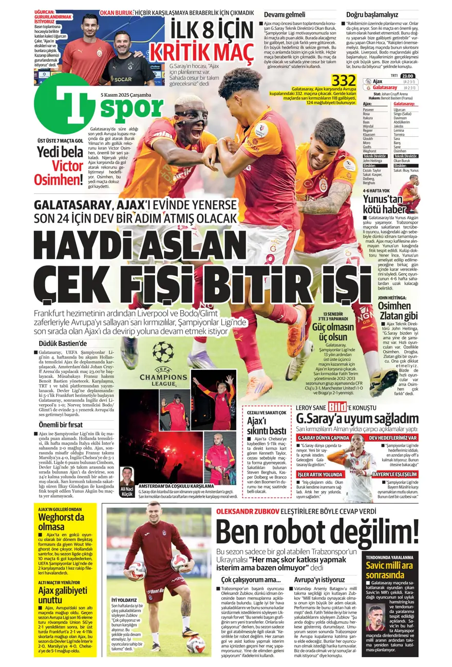 "Devler Ligi'nde Aslan gecesi" (5 Kasım 2025 spor manşetleri) 26 "Devler Ligi'nde Aslan gecesi" (5 Kasım 2025 spor manşetleri) 26