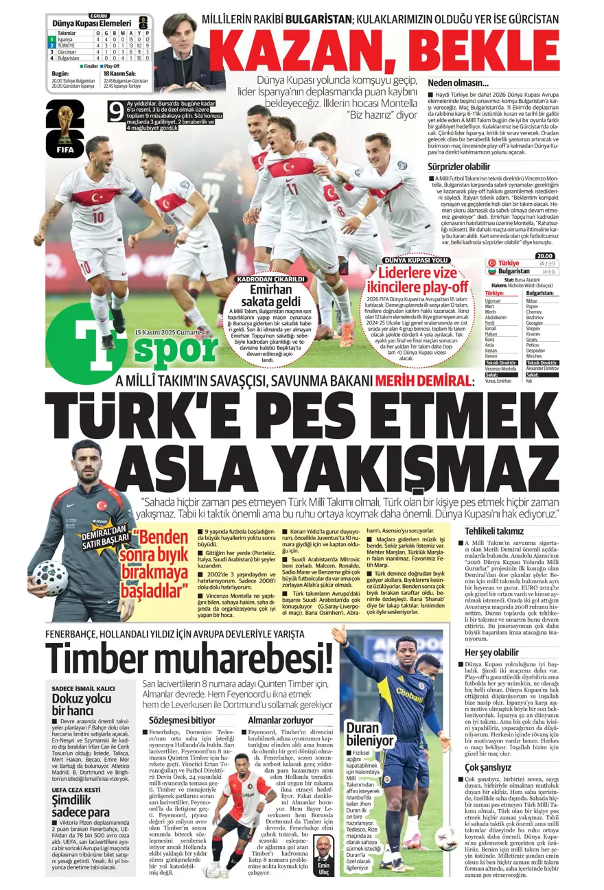 "Parola zafer" (15 Kasım 2025 spor manşetleri) 19