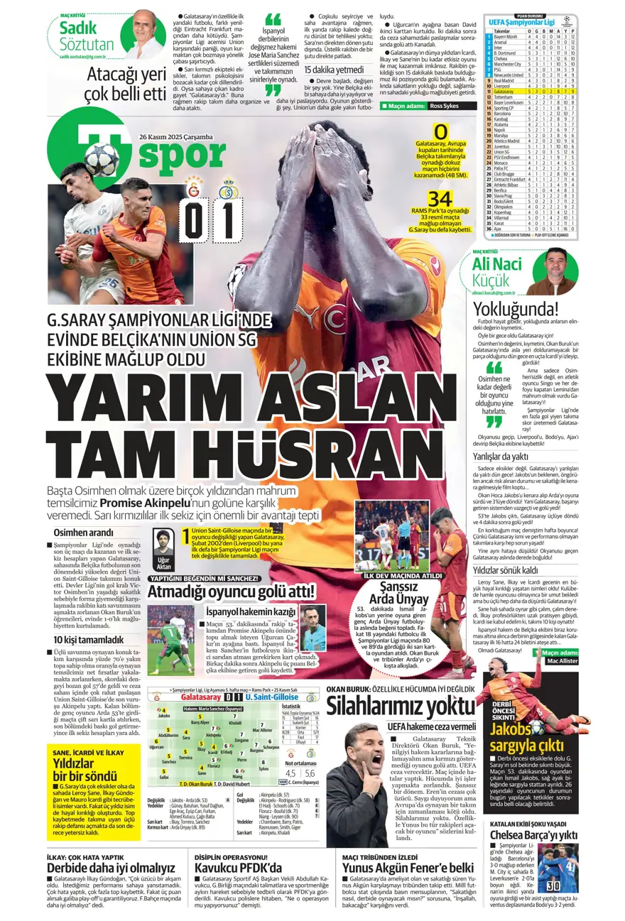 "Aslan fırsat tepti" (26 Kasım 2025 spor manşetleri) 29