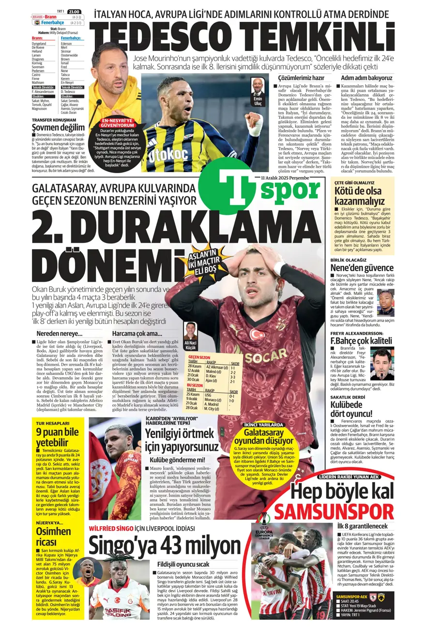 "Zafer yakışır" (11 Aralık 2025 spor manşetleri)
 15