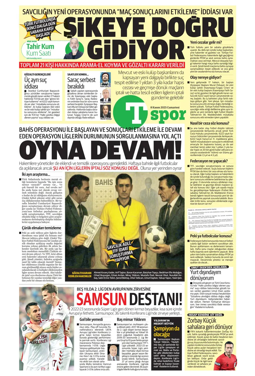 "Bahis ve şike depremi" (8 Kasım 2025 spor manşetleri) 17