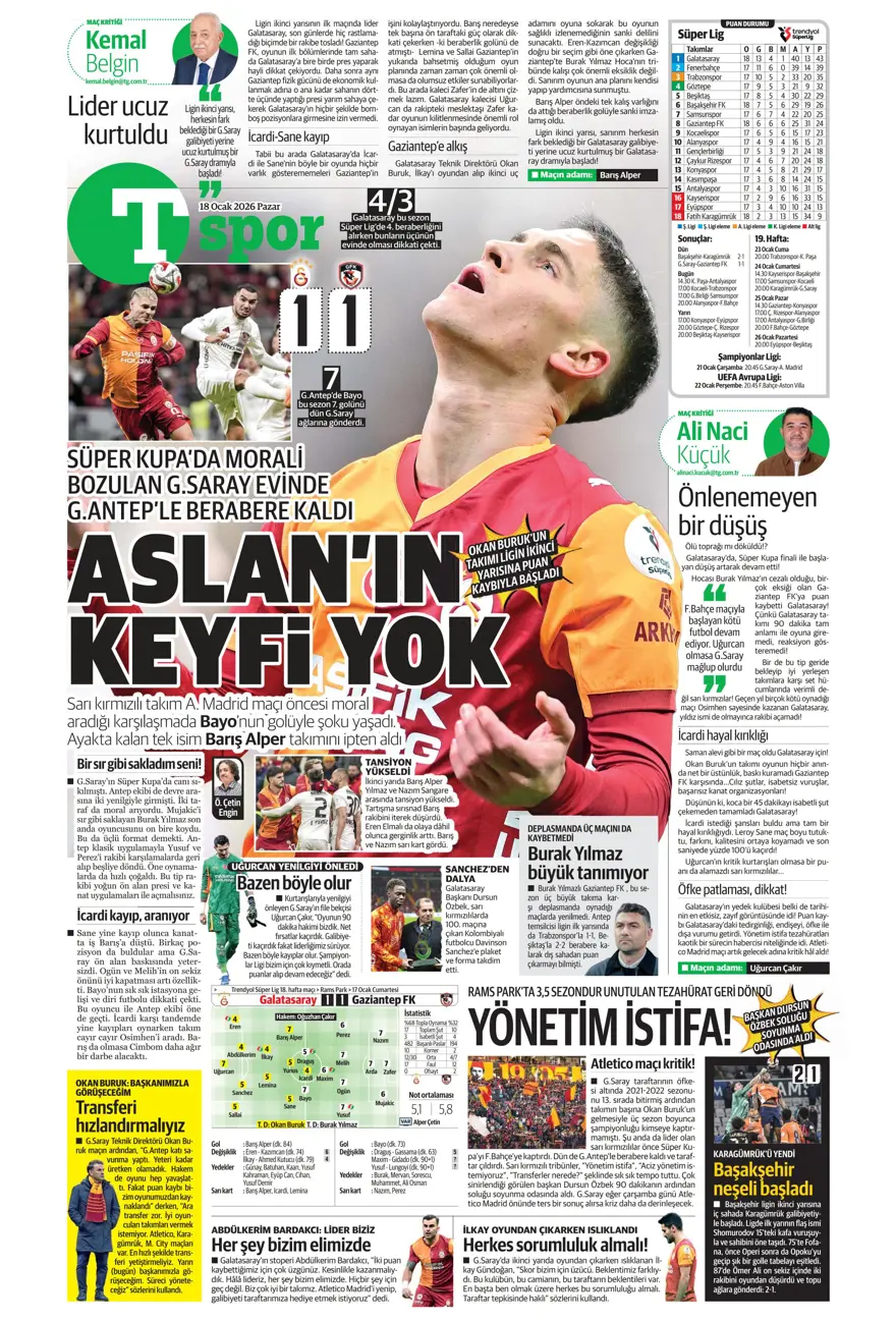 "Yetiş Osimhen" (18 Ocak 2026 spor manşetleri) 13