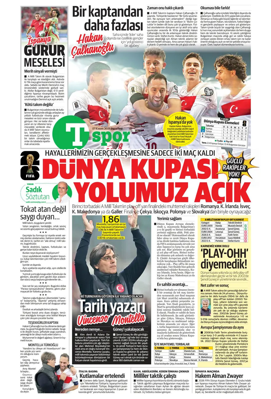 "Yolumuz açık" (17 Kasım 2025 spor manşetleri) 2