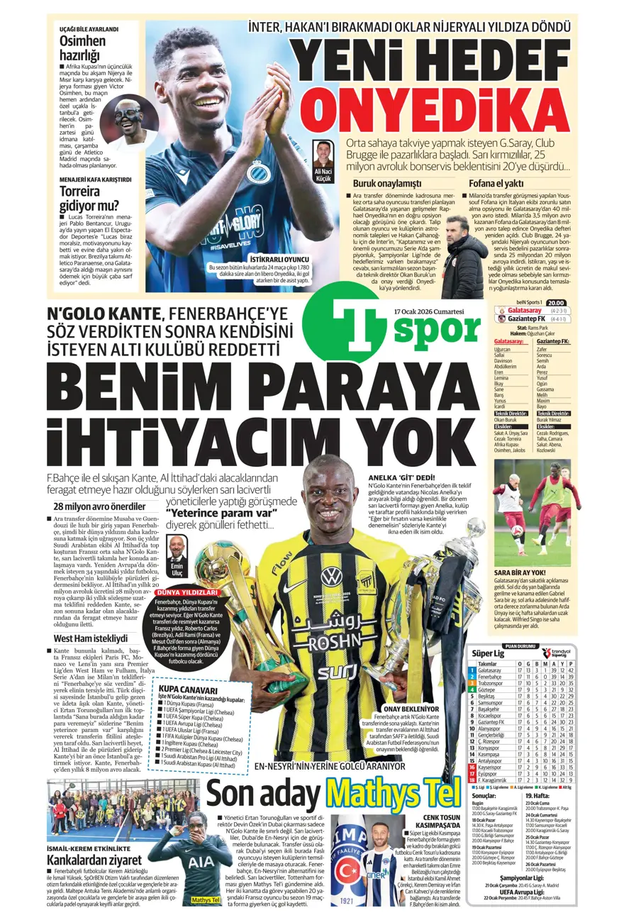 "Akıl oyunları" (17 Ocak 2026 spor manşetleri) 16