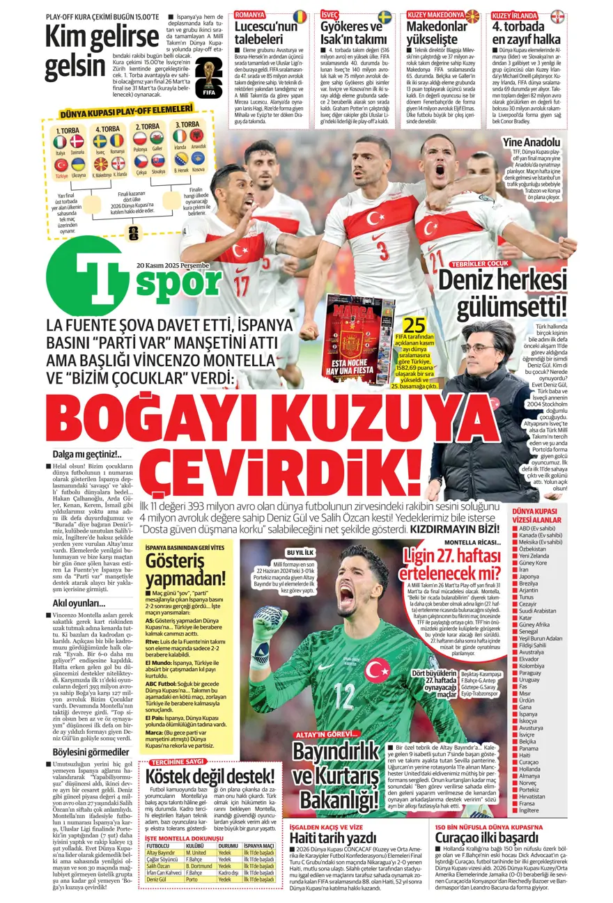 "O bilet gelecek" (20 Kasım 2025 spor manşetleri) 19