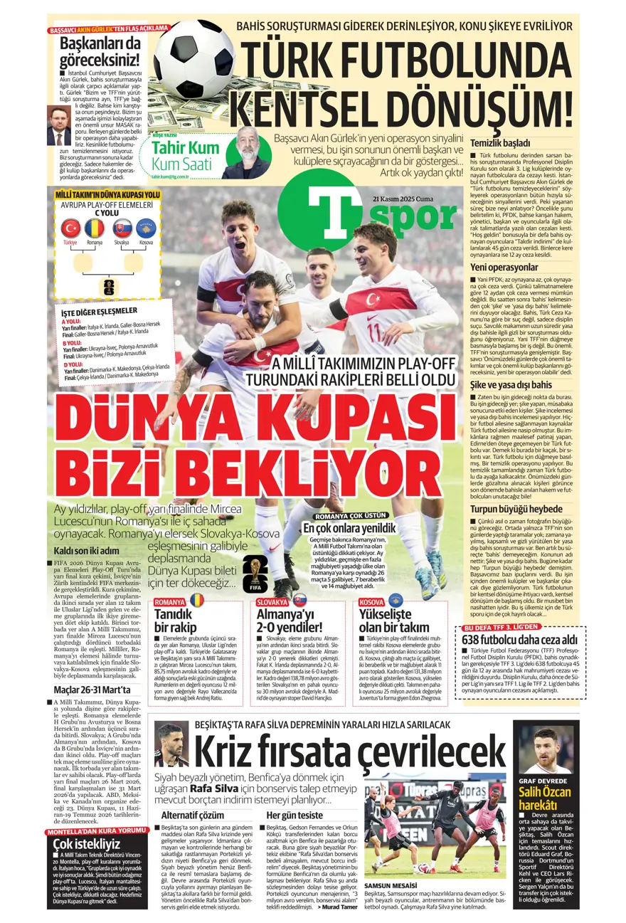 "Balkan turuyla Amerika'ya" (21 Kasım 2025 spor manşetleri) 2