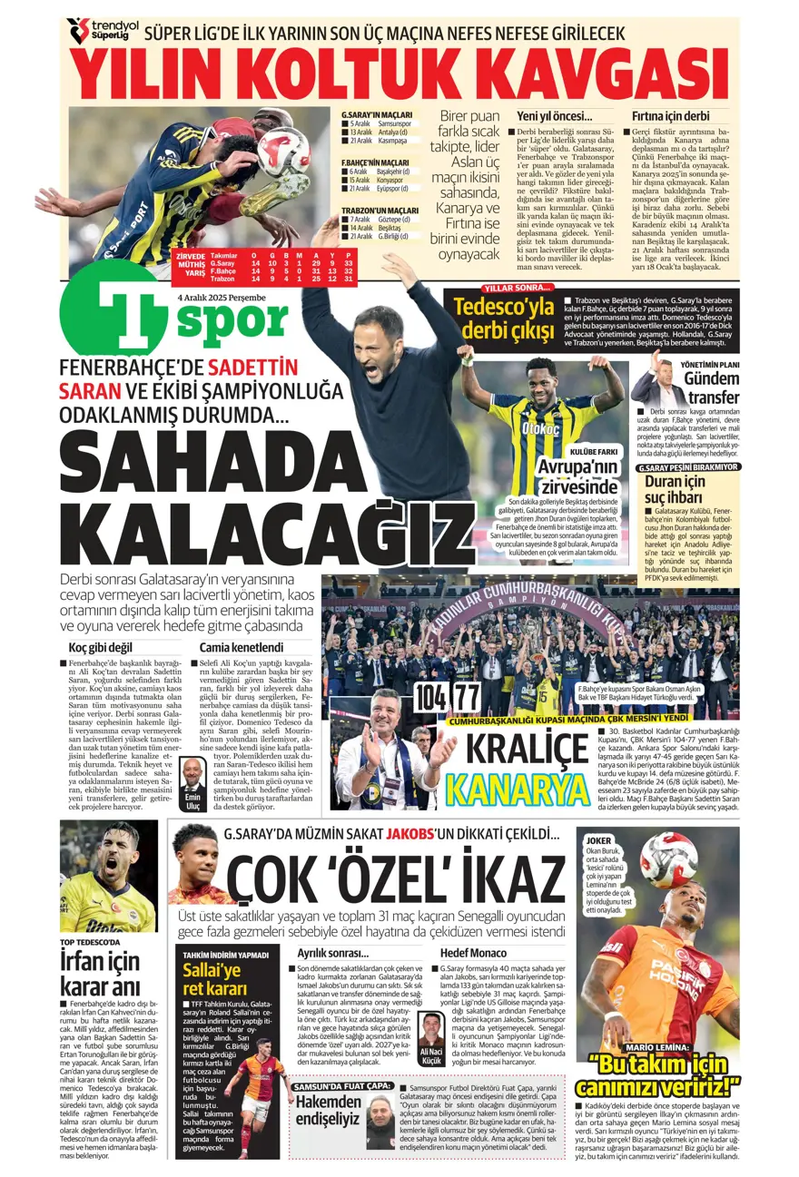"Kupada da fırtına gibi" (4 Aralık 2025 spor manşetleri) 16