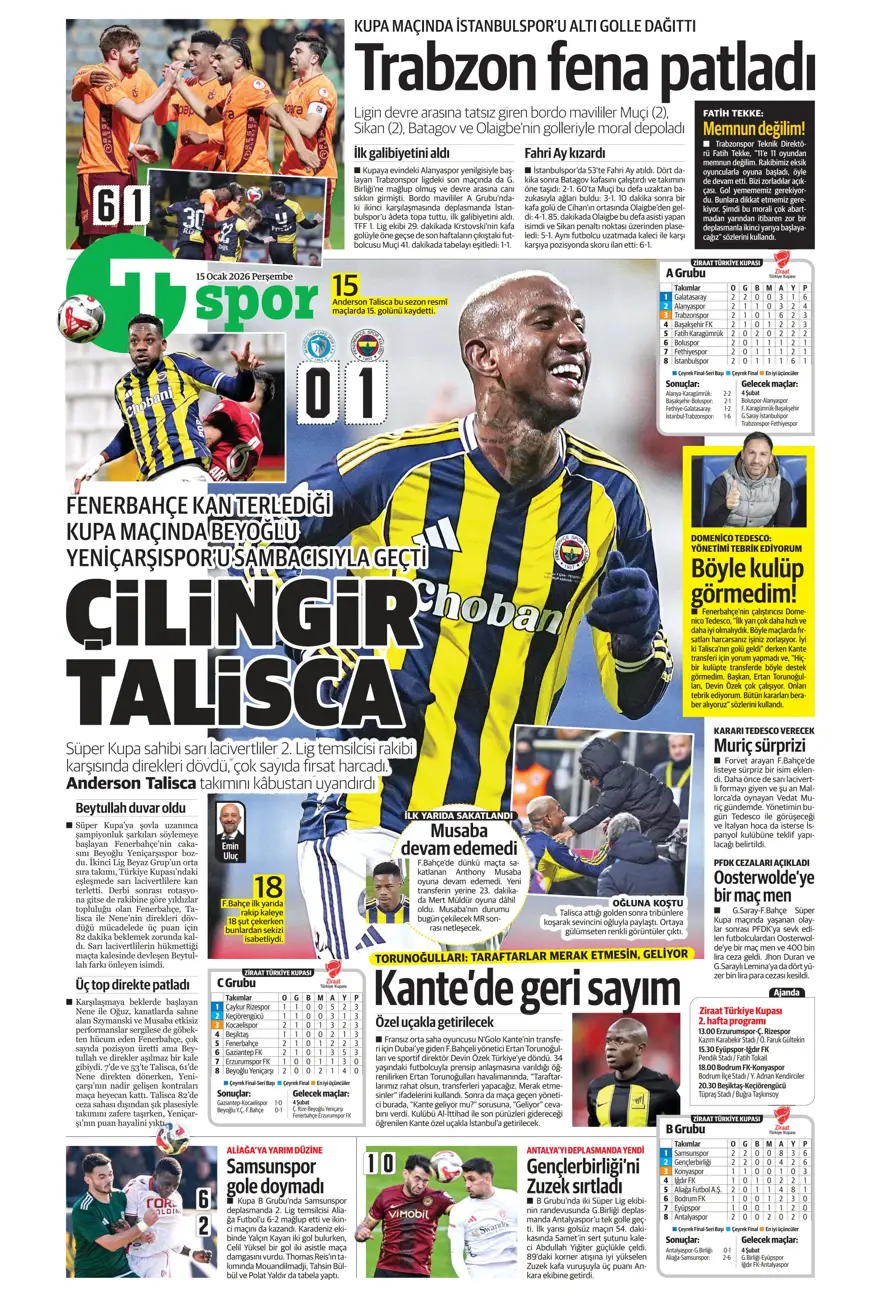 "Orta sahaya nokta atışı" (15 Ocak 2026 spor manşetleri) 14 "Orta sahaya nokta atışı" (15 Ocak 2026 spor manşetleri) 14