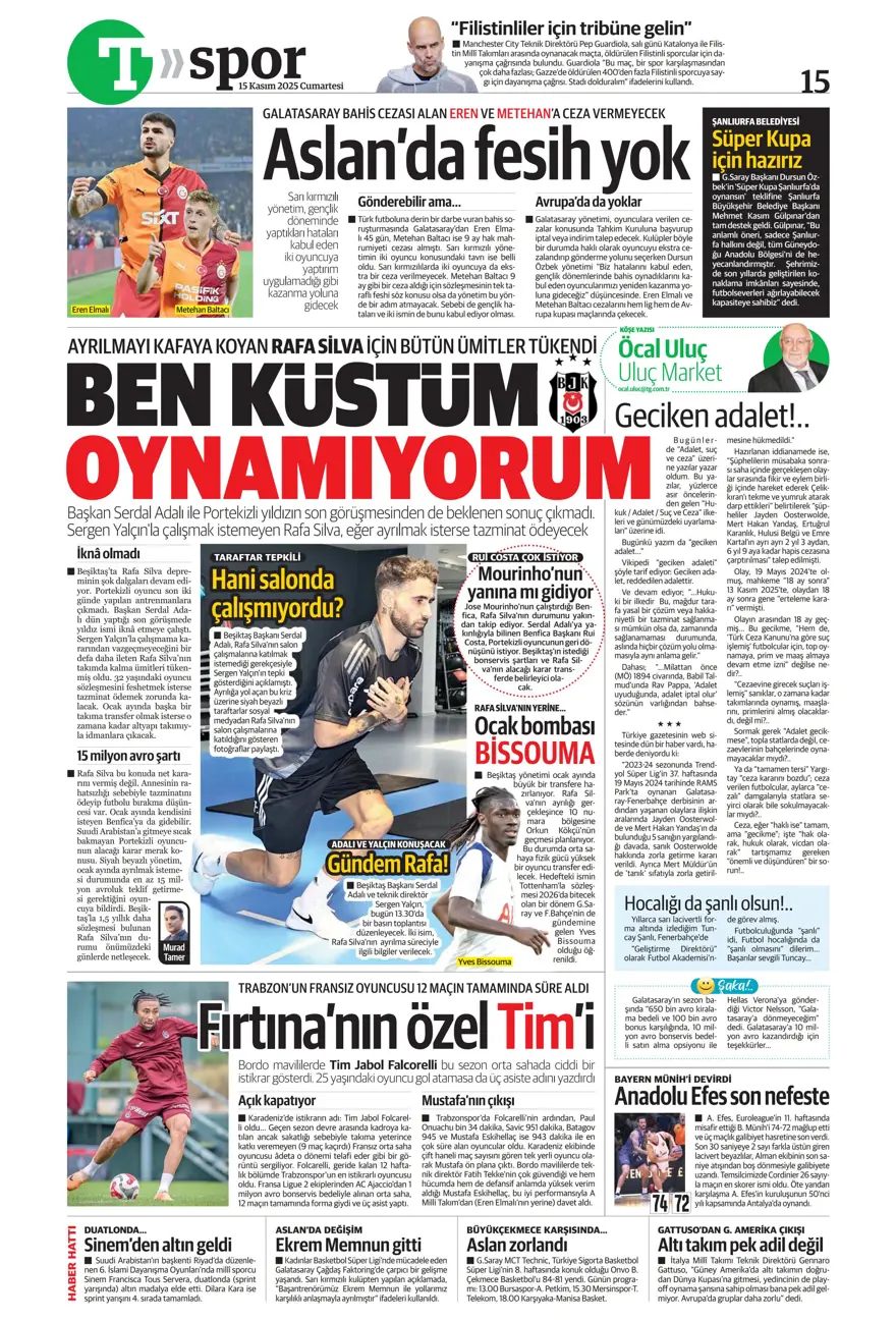 "Parola zafer" (15 Kasım 2025 spor manşetleri) 15