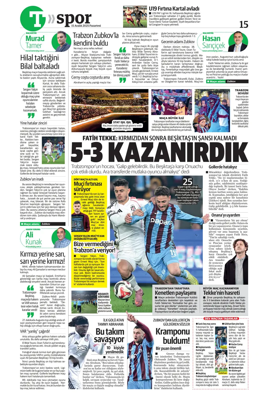 "Her şey var, kazanan yok" (15 Aralık 2025 spor manşetleri) 15 "Her şey var, kazanan yok" (15 Aralık 2025 spor manşetleri) 15