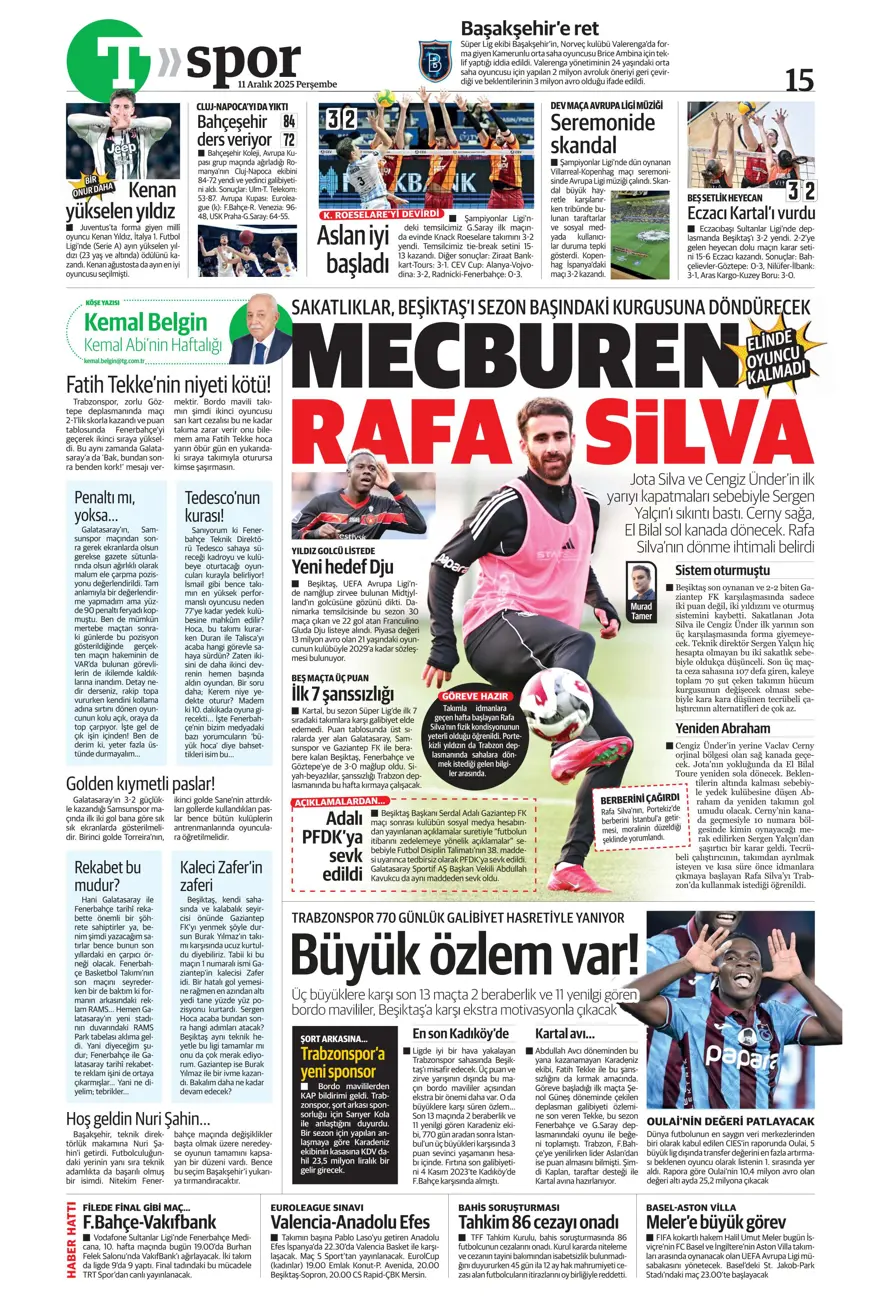 "Zafer yakışır" (11 Aralık 2025 spor manşetleri)
 13