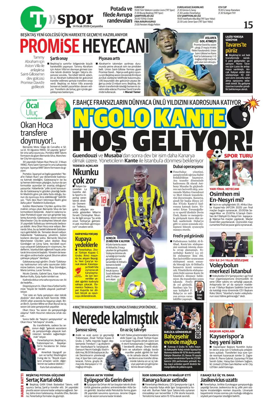 "Fenerbahçe'de Kante haftası" (14 Ocak 2026 spor manşetleri) 14