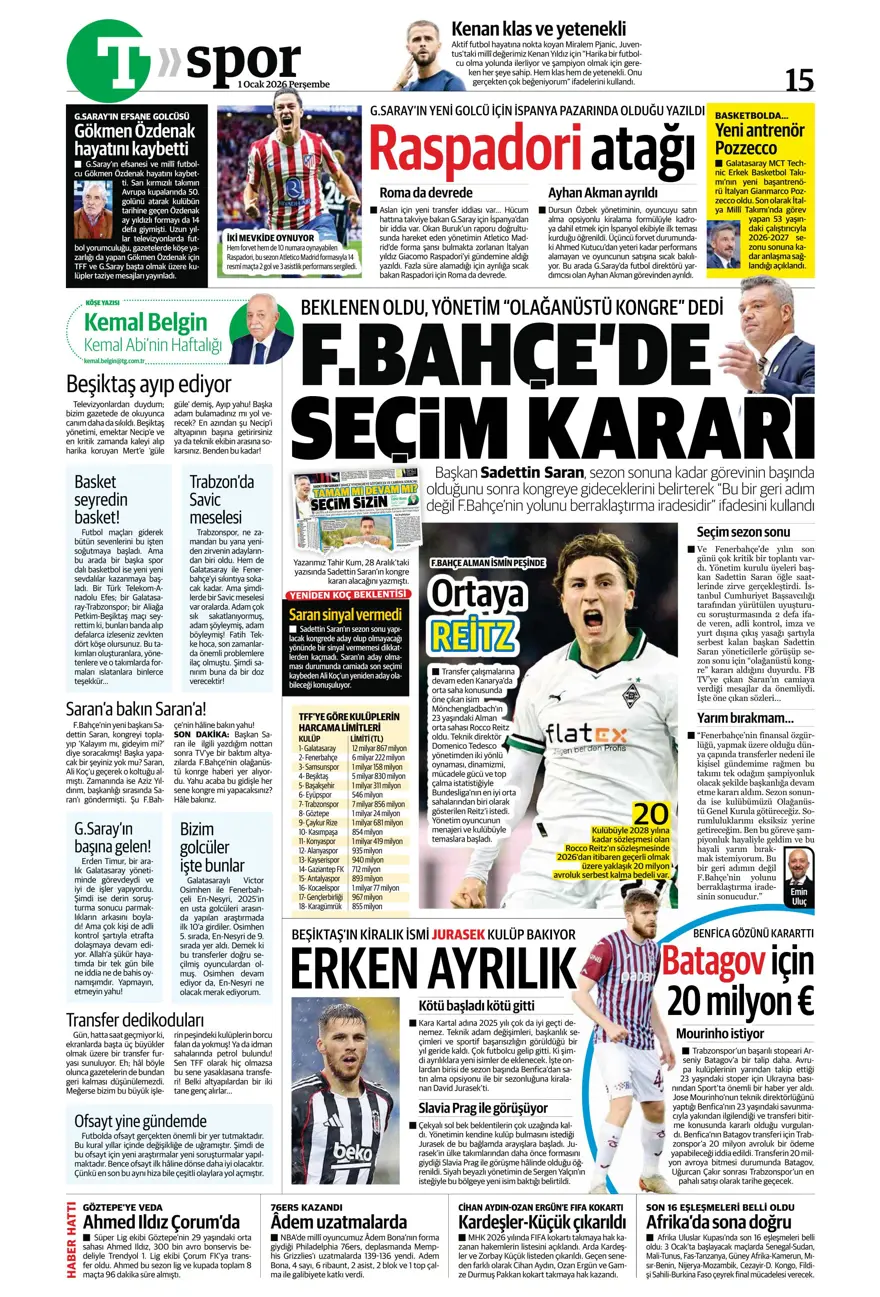 "Kiralık çözümü Ugarte" (1 Ocak 2026 spor manşetleri)
 11