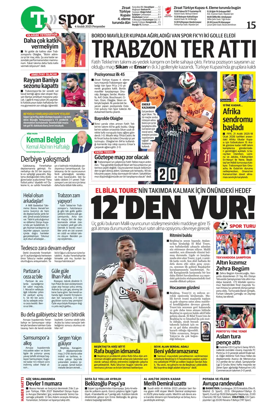 "Kupada da fırtına gibi" (4 Aralık 2025 spor manşetleri) 15