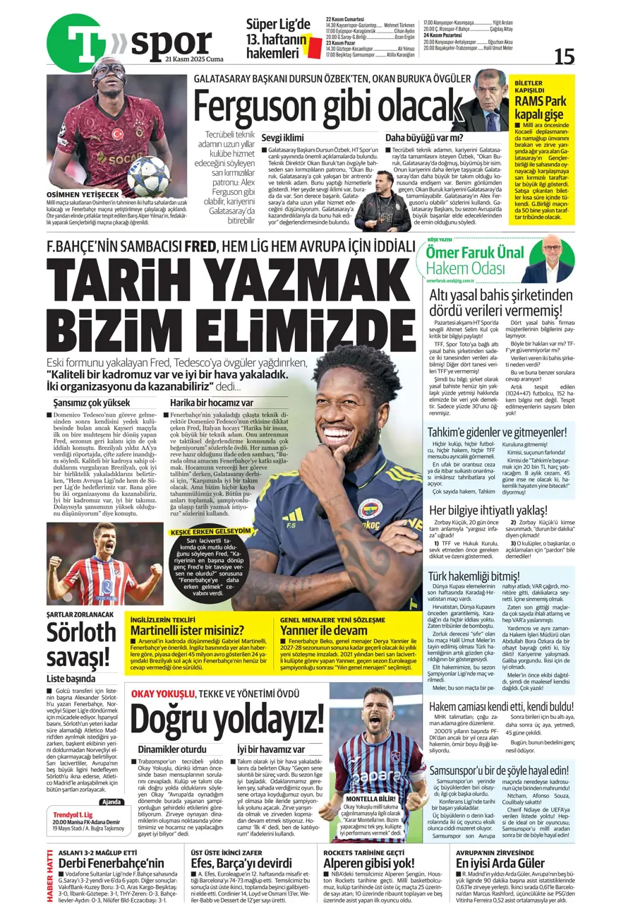 "Balkan turuyla Amerika'ya" (21 Kasım 2025 spor manşetleri) 14